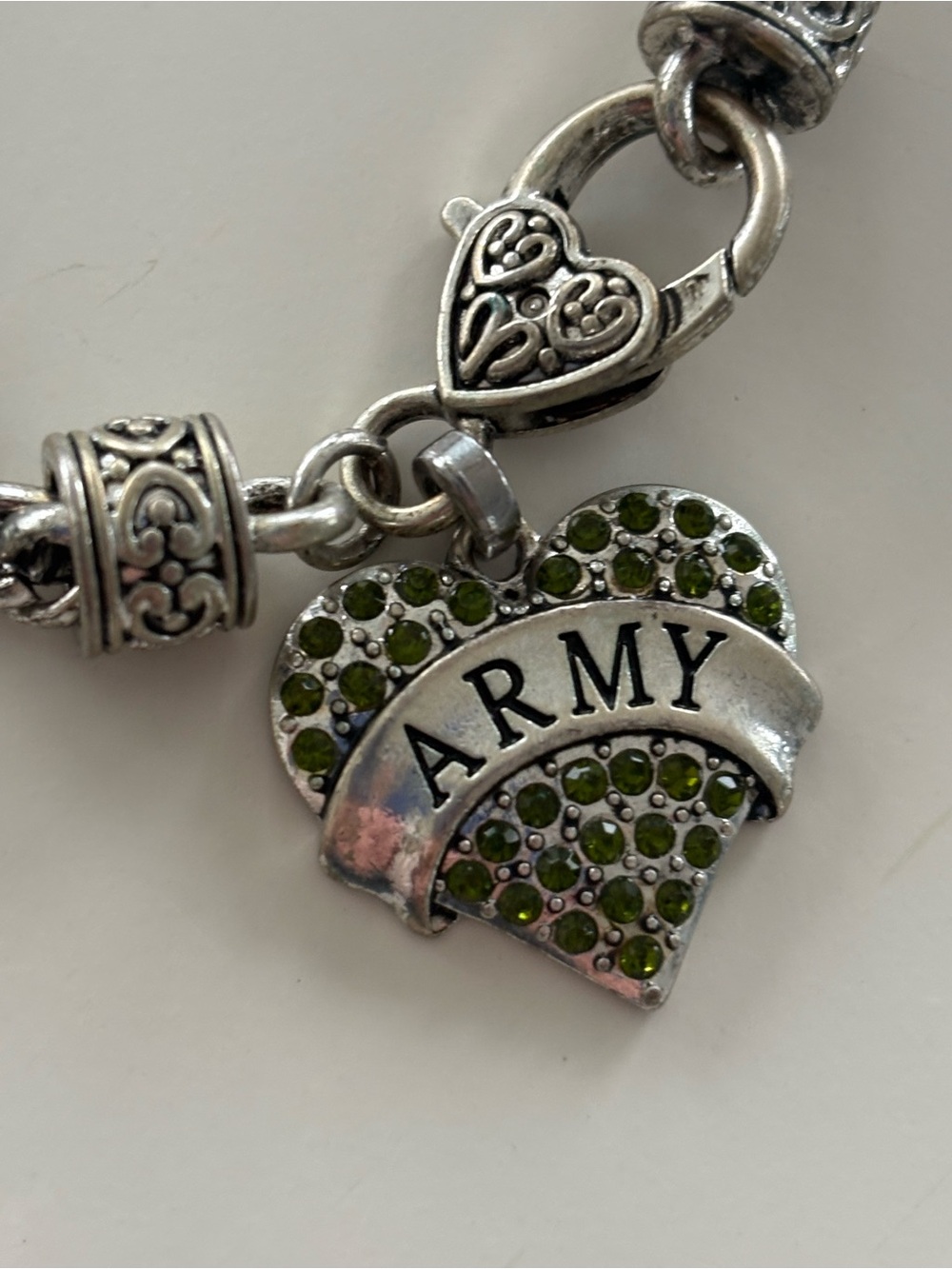 ARMY Green Crystal Silvertone Heart Charm Bracelet